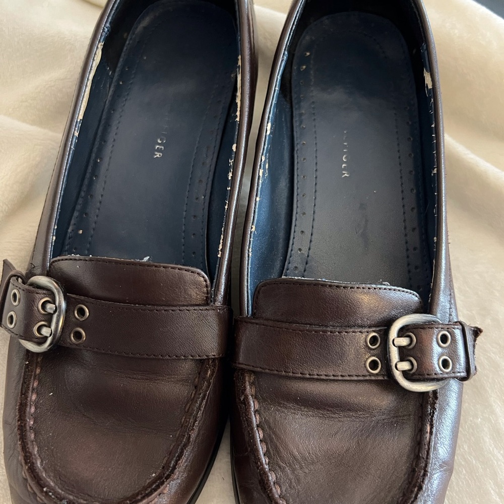 Tommy Hilfiger brown buckled leather heel shoes